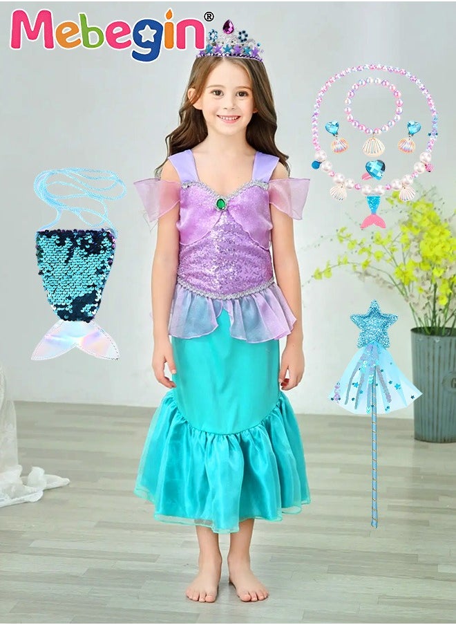 MEBEGIN - 9 PCS Mermaid Princess Dress Set, Gorgeous Princess Costume Set with Necklace, Ring, Magic Wand and Other Accessaries, Elegant Princess Dress Up Costume for Girls, Great for Fancy Dress Parties, Birthdays, Prom Outfits and Cosplay Activities - Image 1