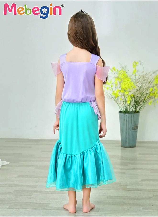 MEBEGIN - 9 PCS Mermaid Princess Dress Set, Gorgeous Princess Costume Set with Necklace, Ring, Magic Wand and Other Accessaries, Elegant Princess Dress Up Costume for Girls, Great for Fancy Dress Parties, Birthdays, Prom Outfits and Cosplay Activities - Image 1