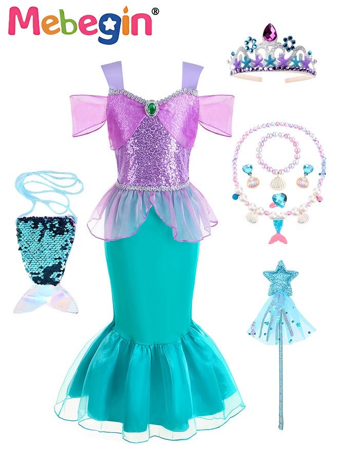 9 PCS Mermaid Princess Dress Set, Gorgeous Princess Costume Set with Necklace, Ring, Magic Wand and Other Accessaries, Elegant Princess Dress Up Costume for Girls, Great for Fancy Dress Parties, Birthdays, Prom Outfits and Cosplay Activities