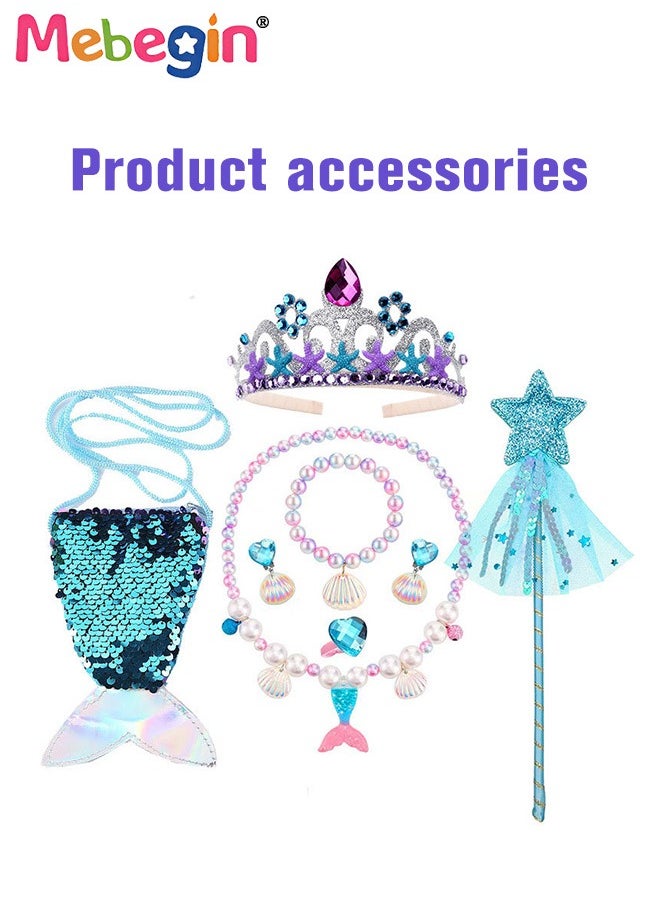 MEBEGIN - 9 PCS Mermaid Princess Dress Set, Gorgeous Princess Costume Set with Necklace, Ring, Magic Wand and Other Accessaries, Elegant Princess Dress Up Costume for Girls, Great for Fancy Dress Parties, Birthdays, Prom Outfits and Cosplay Activities - Image 1