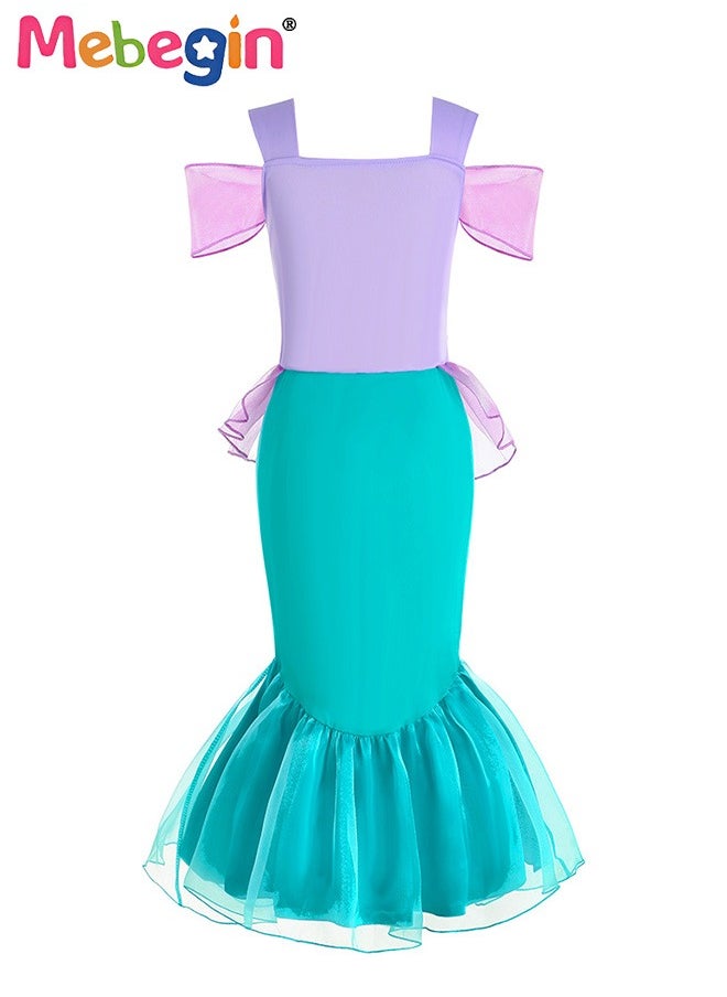 MEBEGIN - 9 PCS Mermaid Princess Dress Set, Gorgeous Princess Costume Set with Necklace, Ring, Magic Wand and Other Accessaries, Elegant Princess Dress Up Costume for Girls, Great for Fancy Dress Parties, Birthdays, Prom Outfits and Cosplay Activities - Image 1