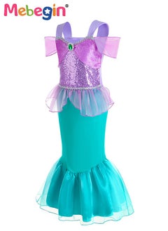 MEBEGIN 9 PCS Mermaid Princess Dress Set, Gorgeous Princess Costume Set with Necklace, Ring, Magic Wand and Other Accessaries, Elegant Princess Dress Up Costume for Girls, Great for Fancy Dress Parties, Birthdays, Prom Outfits and Cosplay Activities  - Image 5
