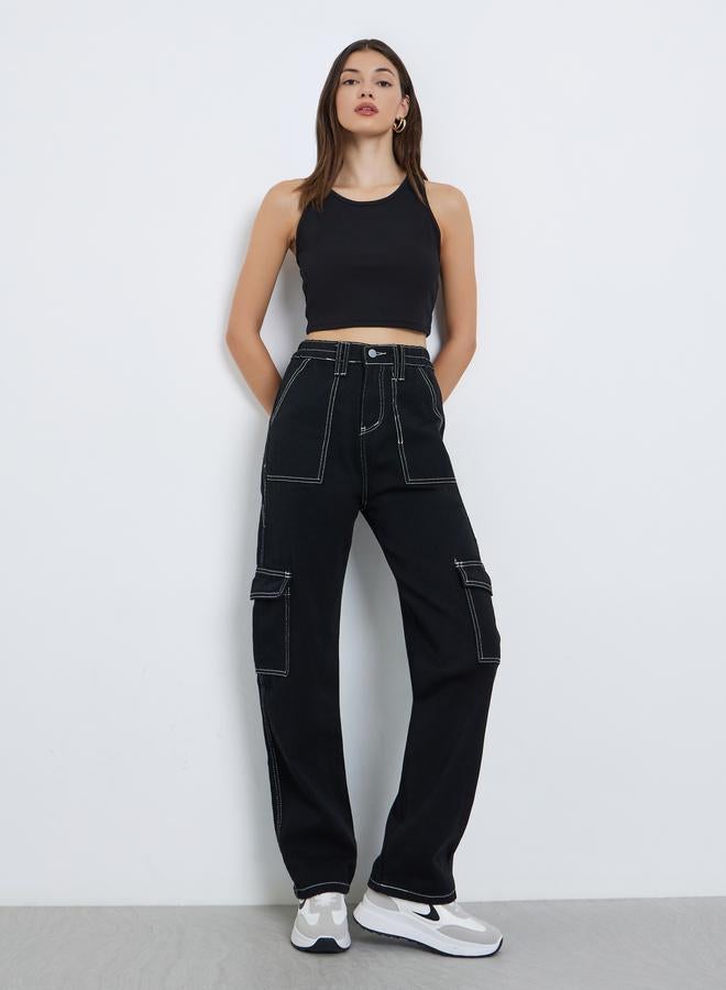 Styli Solid Pocket Detail Wide Leg Cargo Jeans - Image 1