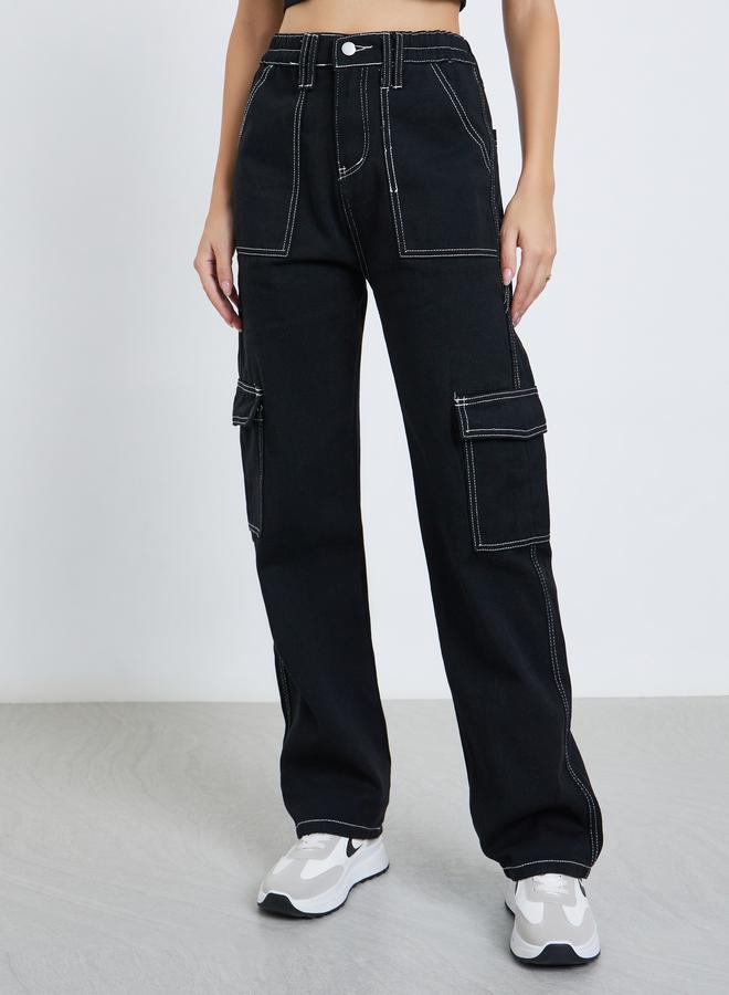 Styli Solid Pocket Detail Wide Leg Cargo Jeans - Image 2