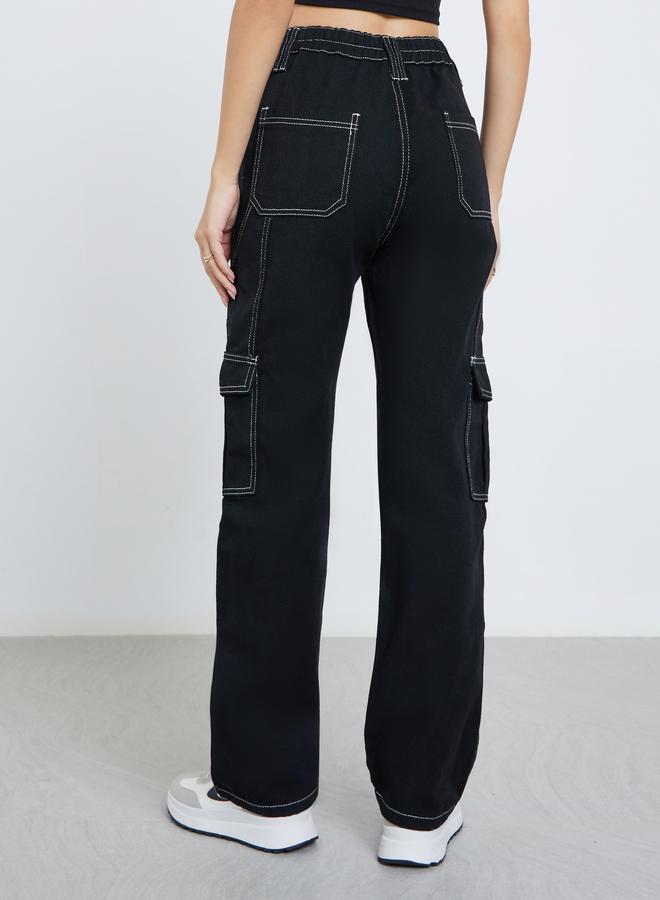 Styli Solid Pocket Detail Wide Leg Cargo Jeans - Image 4