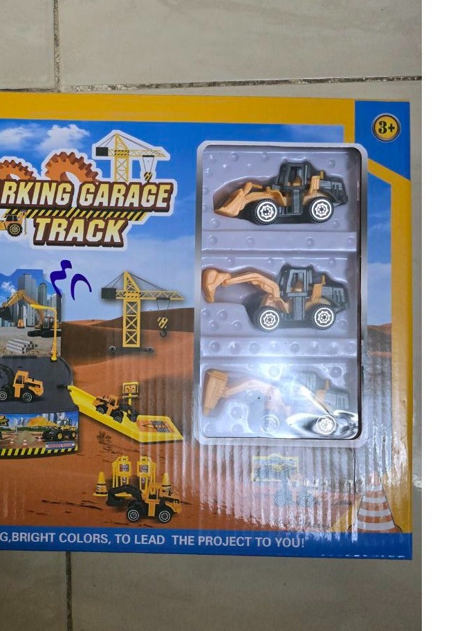 مجموعة جراج سيارات للأطفال مع مسار وإنشاءات | لعبة هندسية تضم رافعة وشاحنات صغيرة، تنمي الخيال والمهارات +3 سنوات