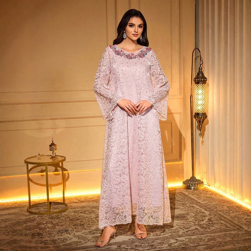 Women's Loose Pink Lace Long Sleeve Dress with Beaded Applique - Image 4