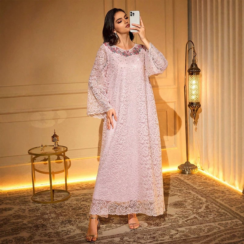 Women's Loose Pink Lace Long Sleeve Dress with Beaded Applique - Image 1