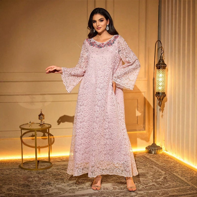 Women's Loose Pink Lace Long Sleeve Dress with Beaded Applique - Image 2