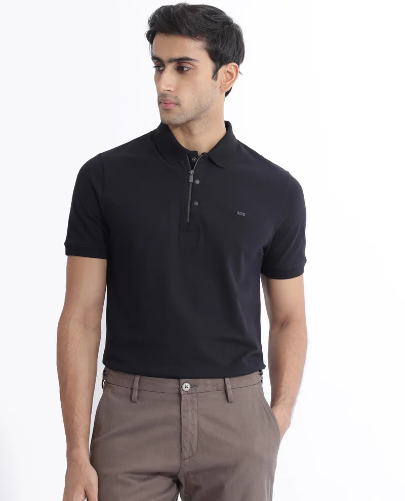 Rare Rabbit Men's Flat Knit Zipper And Snap Button Polo