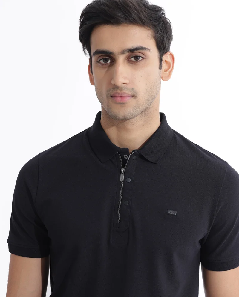 Rare Rabbit Men's Flat Knit Zipper And Snap Button Polo
