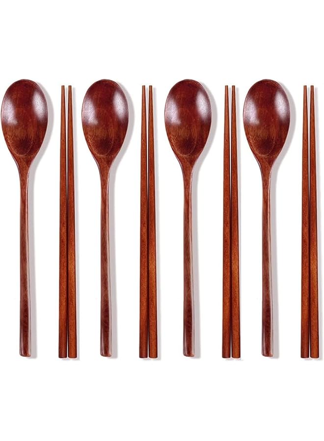 S-TOP Wooden Chopsticks Spoon Set Korean Dinnerware Reusable Long Handle Spoons Chopsticks for Home Kitchen Restaurant (4 Sets) - Image 1