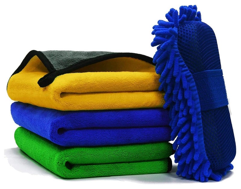 Coralblue Car Towel Microfiber Cleaning Cloth - 3 Towel with Washing Sponge- Multipurpose  Towel for Washing Drying Dusting - Image 1