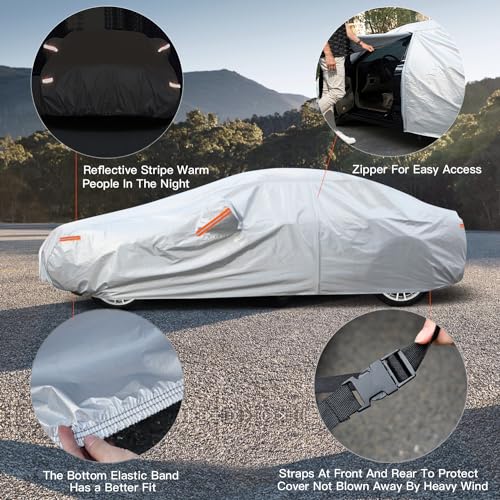 Kayme 6 Layers Car Cover Waterproof All Weather for Automobiles, Outdoor Full Cover Rain Sun UV Protection with Zipper Cotton, Universal Fit for Sedan (178-185 inch) - Image 3