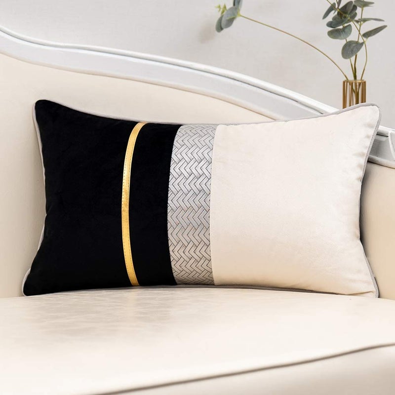 Yangest Black Patchwork Velvet Throw Pillow Cover with Gold Striped Leather Cushion Case Modern Luxury Pillowcase for Sofa Couch Bedroom Living Room Home Decor20x20