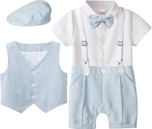 A&J DESIGN Baby Suits for Boys Wedding Gentleman Suspenders Outfits Summer Formal Easter Rompers with Hat Light Blue 9-12 Months - Image 1