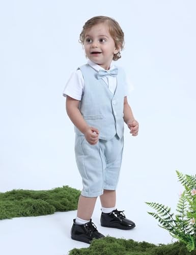 A&J DESIGN Baby Suits for Boys Wedding Gentleman Suspenders Outfits Summer Formal Easter Rompers with Hat Light Blue 9-12 Months - Image 3