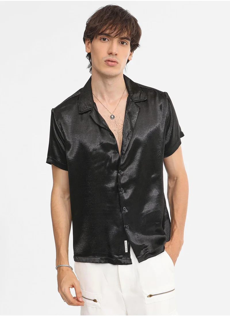 كامبوس سوترا Men's Midnight Black Solid Satin Shirt