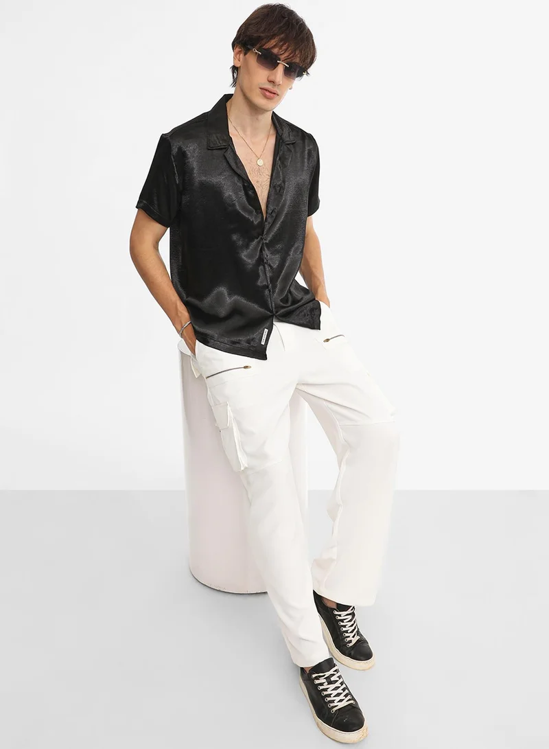 كامبوس سوترا Men's Midnight Black Solid Satin Shirt