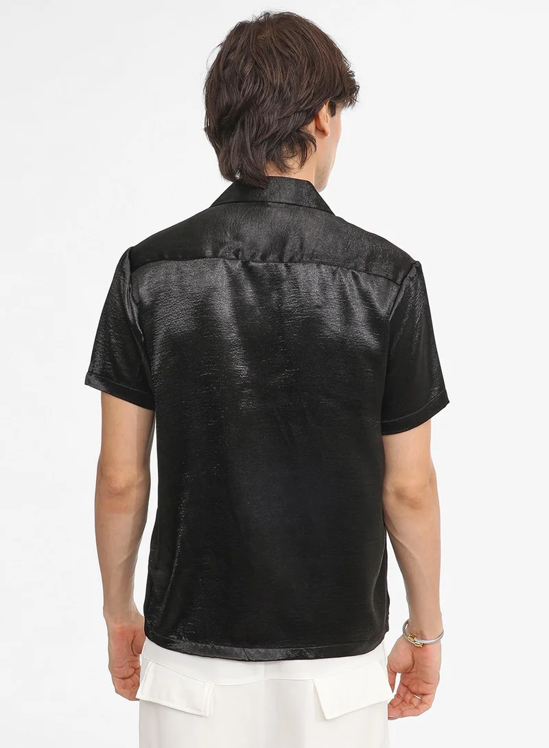 كامبوس سوترا Men's Midnight Black Solid Satin Shirt