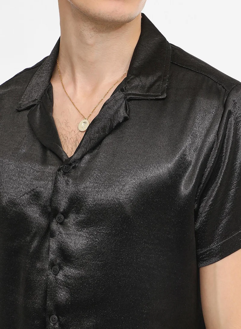 كامبوس سوترا Men's Midnight Black Solid Satin Shirt