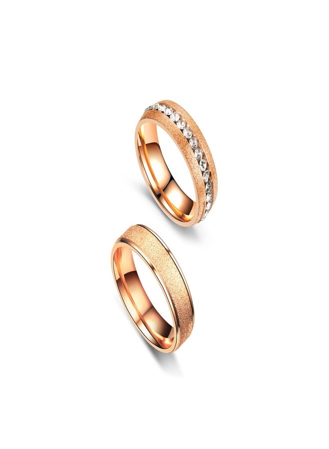 Fusamk Fashion Simple Rose Gold Stackable Rings Stainless Steel Sandblast Crystal Band Rings(Rose Gold(9)) - Image 1