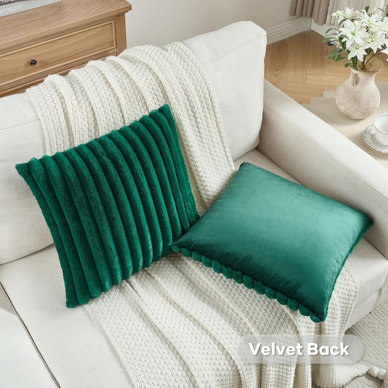 FUTEI Emerald Green Striped Decorative Throw Pillow Covers 18x18 Inch Set of 2,Square Winter Decorations Couch Pillow Case,Soft Cozy Faux Rabbit Fur & Velvet Back,Modern Home Decor for Bed - Image 4