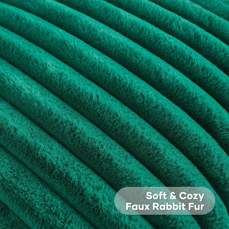 FUTEI Emerald Green Striped Decorative Throw Pillow Covers 18x18 Inch Set of 2,Square Winter Decorations Couch Pillow Case,Soft Cozy Faux Rabbit Fur & Velvet Back,Modern Home Decor for Bed - Image 2