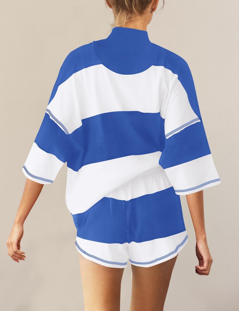 Panadila Women Striped Workout Set Two Piece Outfit Tracksuit Oversized Lounge Set Top and Shorts Sets with Pockets(Blue White Combo,S) - Image 3
