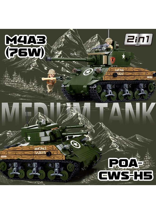 Sluban WW2 Army Tank Set, Inspired M4A3 76W Medium Tank Brick, 2 in 1 Military Tank, 3 Soldier Minifigures, Gifts for 6-12 Year Old Kids and Adults, Compatible with Lego Army Set, 715 PCS  - Image 3