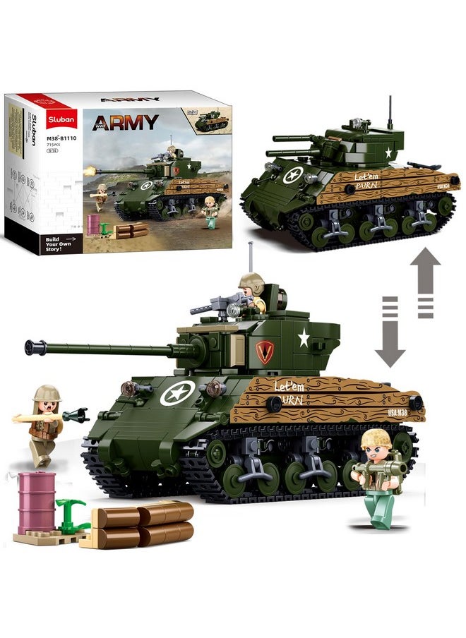 Sluban WW2 Army Tank Set, Inspired M4A3 76W Medium Tank Brick, 2 in 1 Military Tank, 3 Soldier Minifigures, Gifts for 6-12 Year Old Kids and Adults, Compatible with Lego Army Set, 715 PCS  - Image 1