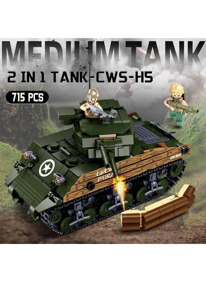 Sluban WW2 Army Tank Set, Inspired M4A3 76W Medium Tank Brick, 2 in 1 Military Tank, 3 Soldier Minifigures, Gifts for 6-12 Year Old Kids and Adults, Compatible with Lego Army Set, 715 PCS  - Image 2