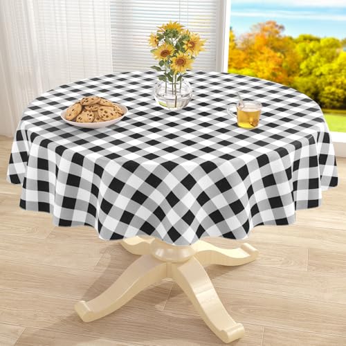 misaya Round Waterproof Vinyl Table Cloth, Buffalo Flannel Backed Tablecloth, Wipeable Plastic Table Cover for Dinner, Kitchen, Picnic (60", Black and White) - Image 1