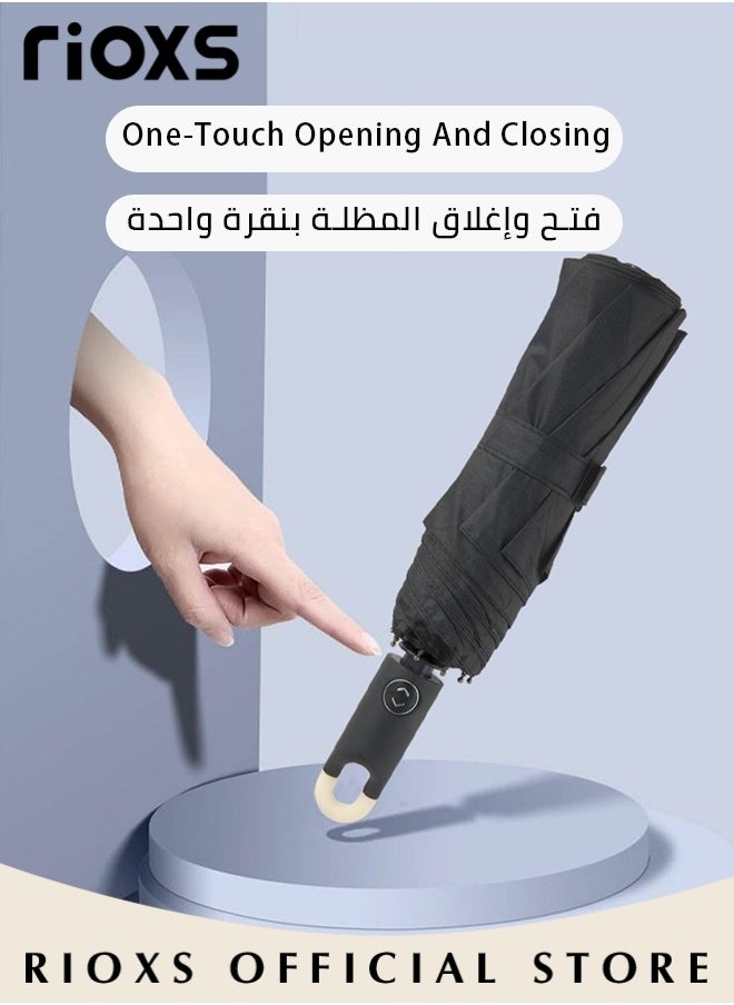 RIOXS - Folding Umbrella,Travel Umbrella With Rotating Lock Handle,One Button Automatic Open And Close Umbrella,Strong Windproof Waterproof Coating Layer Fabric Umbrella,For Men Women Kids Students - Image 1