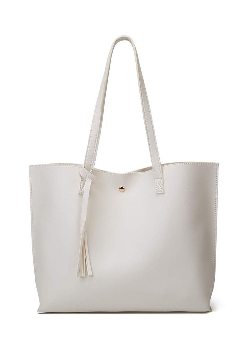 Dreubea Womens Soft Faux Leather Tote Shoulder Bag from Big Capacity Tassel Handbag White New