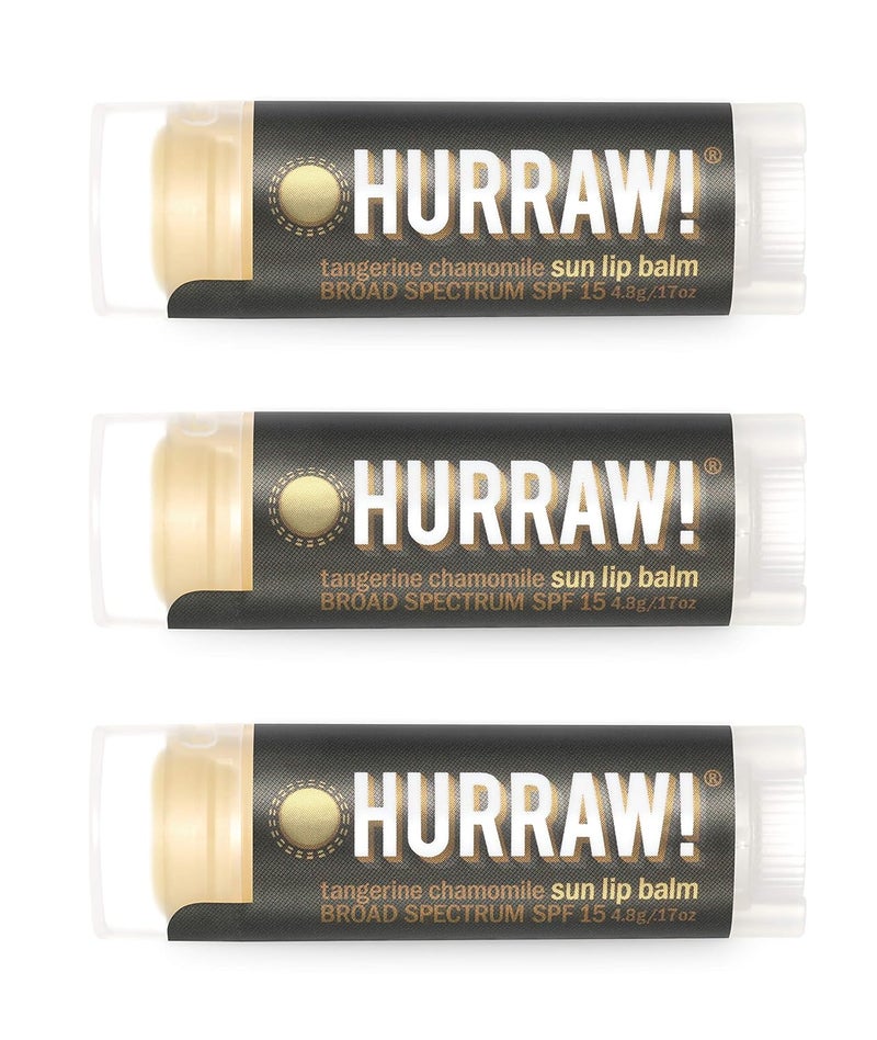 Hurraw! Sun Lip Balm (Zinc Oxide Protection, Broad Spectrum SPF 15, Tangerine, Chamomile), 3 Pack: Organic, Certified Vegan, Gluten Free. Non-GMO, All-Natural. Bee, Shea, Soy & Palm Free. Made in USA