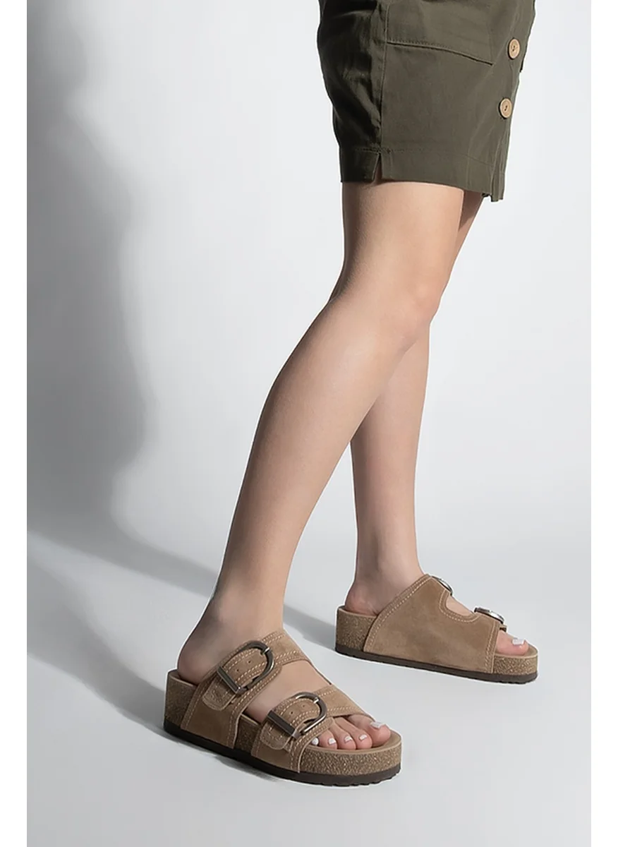 MARJIN Women's Leather Double Band Cork Sole Suede Casual Slippers Zenpa