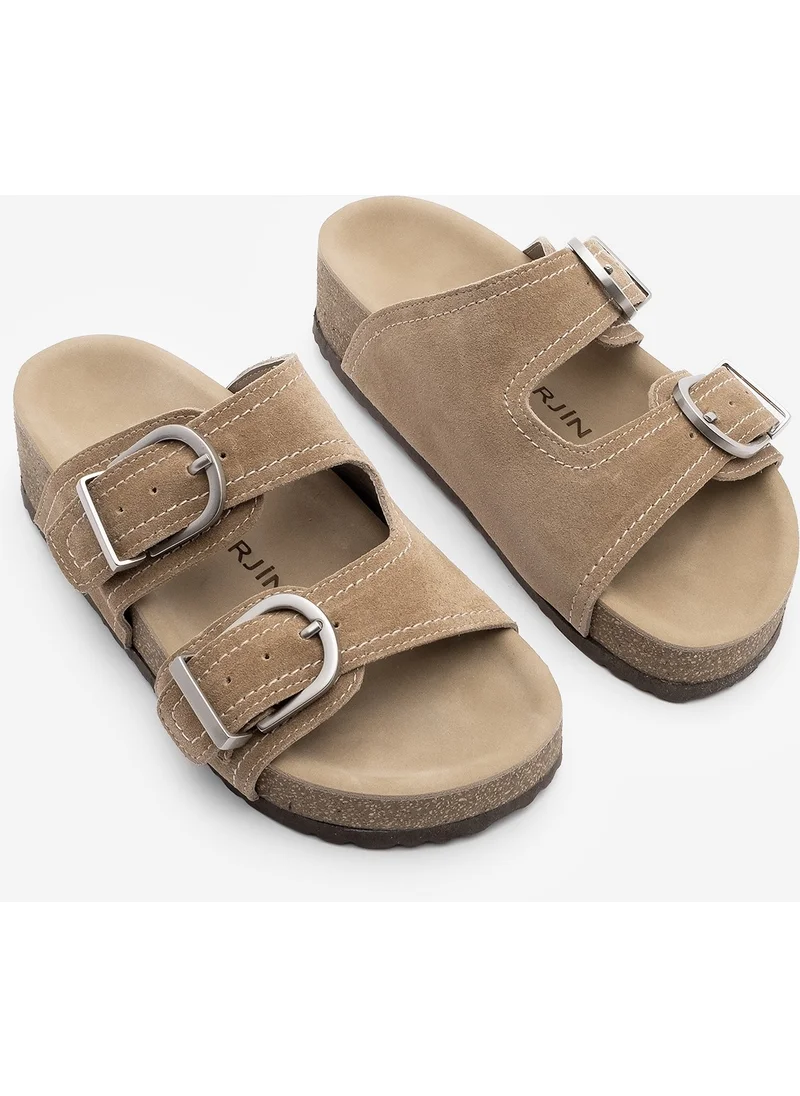 مارجين Women's Leather Double Band Cork Sole Suede Casual Slippers Zenpa