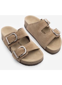 MARJIN Women's Leather Double Band Cork Sole Suede Casual Slippers Zenpa  - Image 3