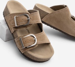 MARJIN Women's Leather Double Band Cork Sole Suede Casual Slippers Zenpa  - Image 1