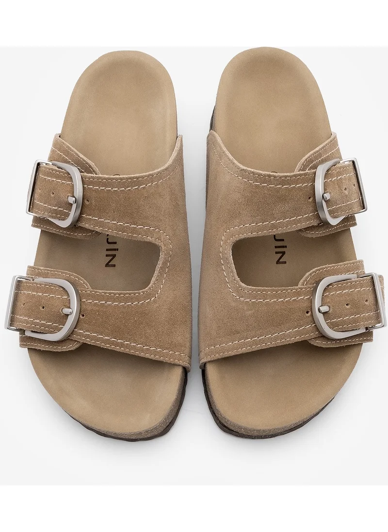 مارجين Women's Leather Double Band Cork Sole Suede Casual Slippers Zenpa