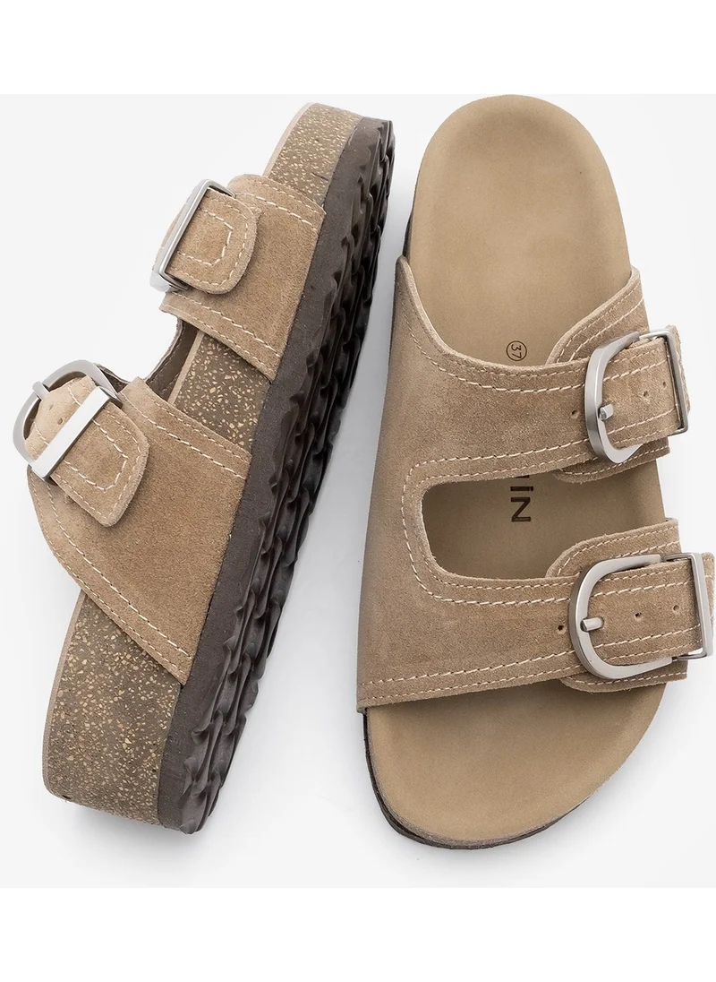 مارجين Women's Leather Double Band Cork Sole Suede Casual Slippers Zenpa