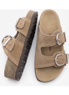 MARJIN Women's Leather Double Band Cork Sole Suede Casual Slippers Zenpa  - Image 5