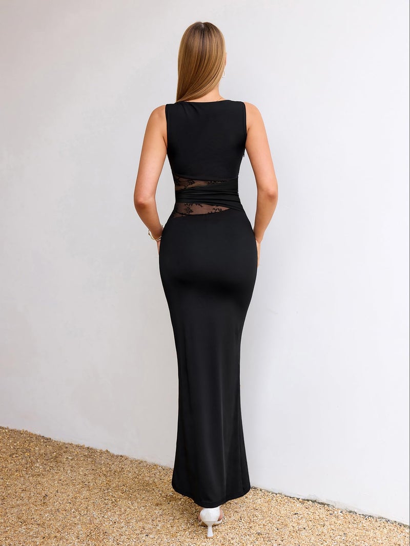 EYNMIN Lace Long Formal Wedding Guest Dress Bodycon Maxi Elegant Cocktail Party Graduation Prom Dresses for Women 2026 Black M - Image 3