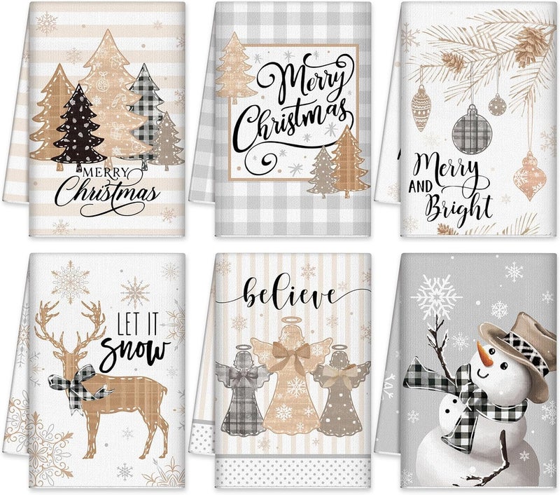 FuWeave 6 Pcs Christmas Kitchen Towels Farmhouse Winter Hand Towels 2126 x 1417 Inch Absorbent Snowman Dish Towels Decorative Beige Tea Towels Xmas Kitchen Dishcloths for Winter Kitchen Decor Gifts - Image 1