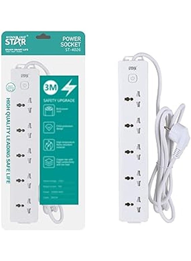 Winning Star ST-4026 2500W 5-Way Power Extension Socket | 110-250V | 3m Copper Charging Wire | Flame Retardant | BS Plug | Safety Switch | Security Door | Multi Electrical Outlet | White. - pzsku/Z89809F3288383E06B8A1Z/45/_/1738362209/aabf3282-7eb2-4a99-b49b-a75c70a23859