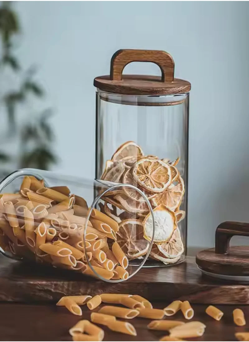 1 تشيس Borosilicate Glass Food Storage Jar With Acacia Wood Air Tight Lid, Handmade Glass Canister For Kitchen Pantry Organizer, For Storing Pasta, Nuts, Coffee, Snacks, Set Of 3 (1000 ML)