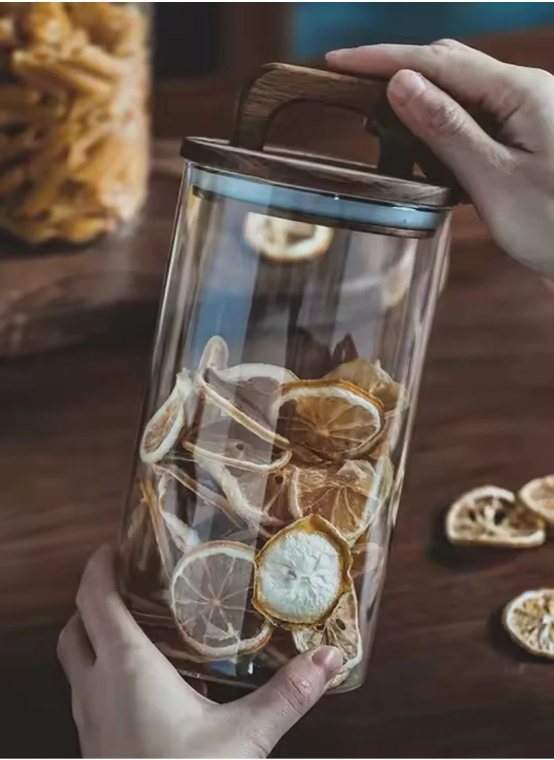 1Chase Borosilicate Glass Food Storage Jar With Acacia Wood Air Tight Lid, Handmade Glass Canister For Kitchen Pantry Organizer, For Storing Pasta, Nuts, Coffee, Snacks, Set Of 3 (1000 ML)