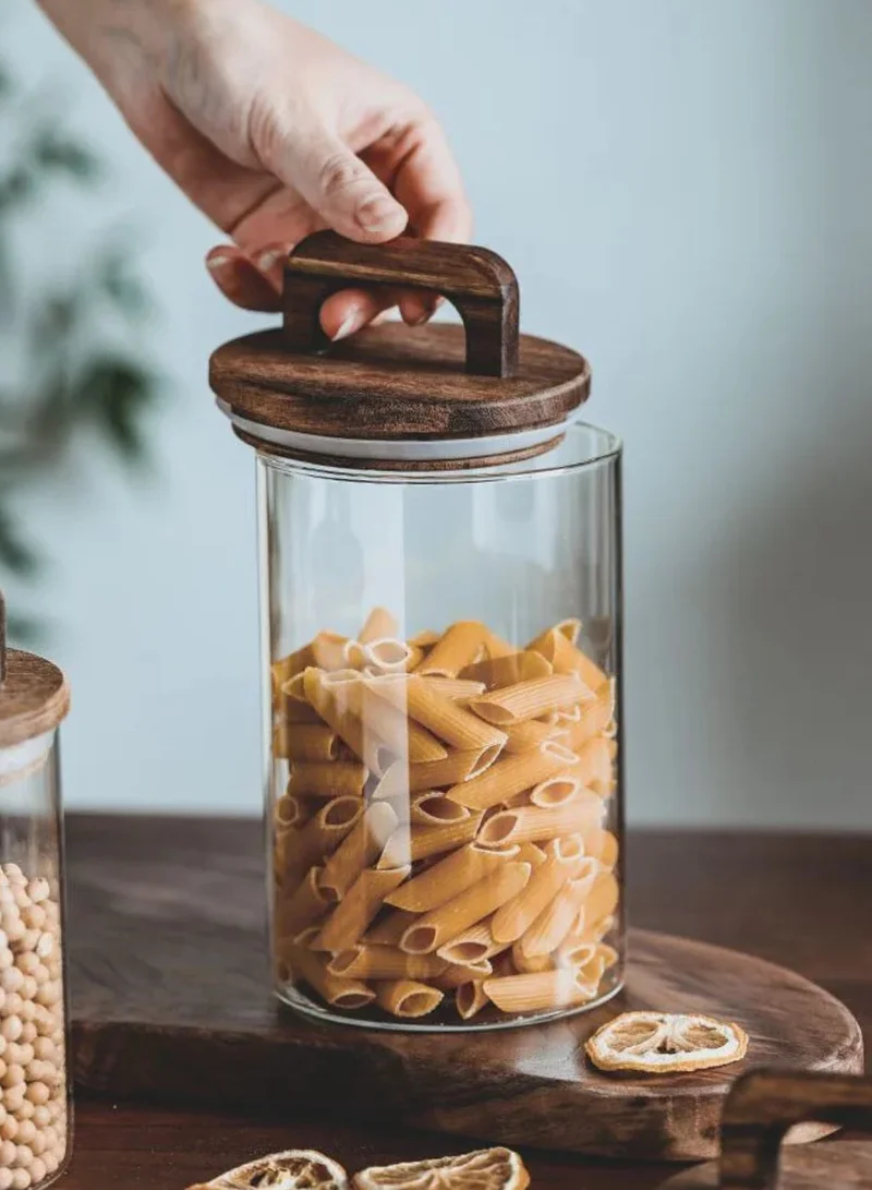 1Chase Borosilicate Glass Food Storage Jar With Acacia Wood Air Tight Lid, Handmade Glass Canister For Kitchen Pantry Organizer, For Storing Pasta, Nuts, Coffee, Snacks, Set Of 3 (1000 ML)