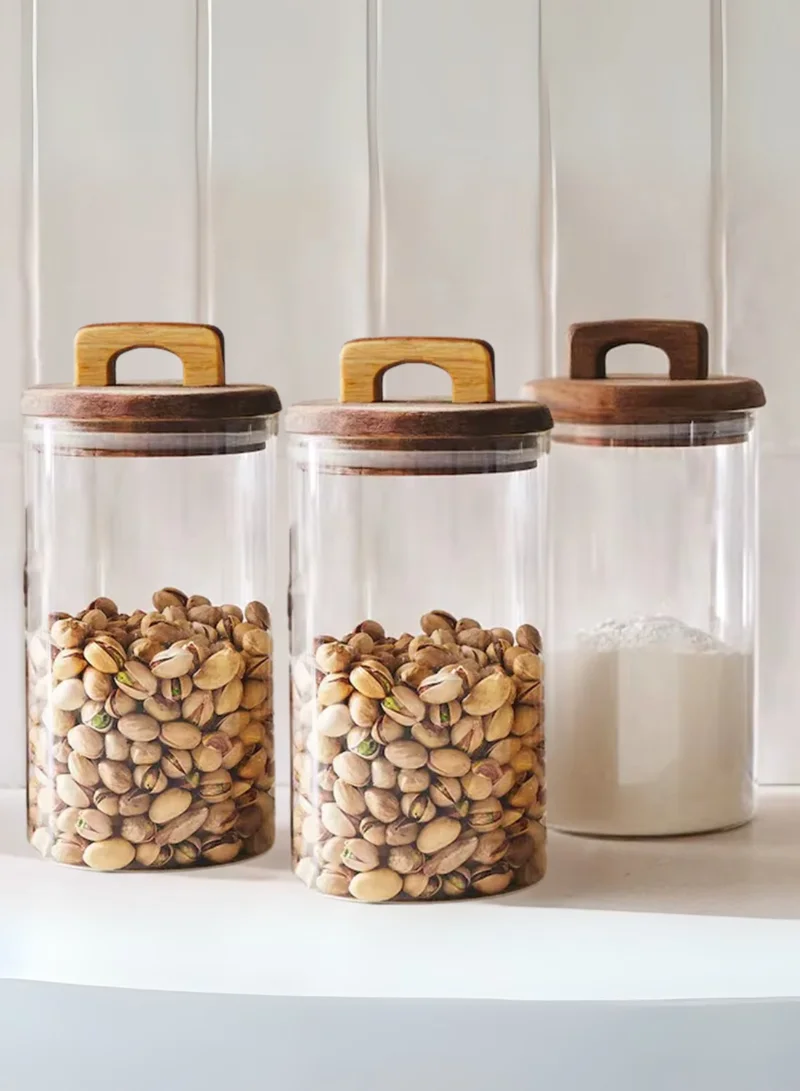 1 تشيس Borosilicate Glass Food Storage Jar With Acacia Wood Air Tight Lid, Handmade Glass Canister For Kitchen Pantry Organizer, For Storing Pasta, Nuts, Coffee, Snacks, Set Of 3 (1000 ML)